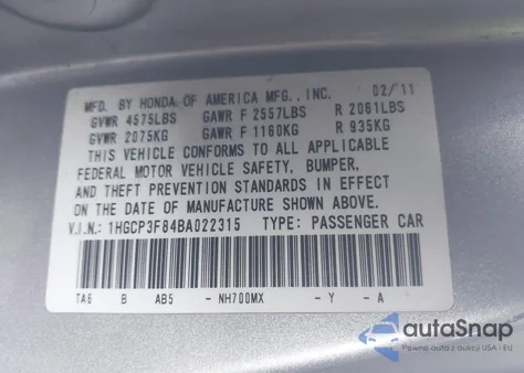 2011 Honda Accord Exl from USA, damaged, VIN 1HGCP3F84BA022315